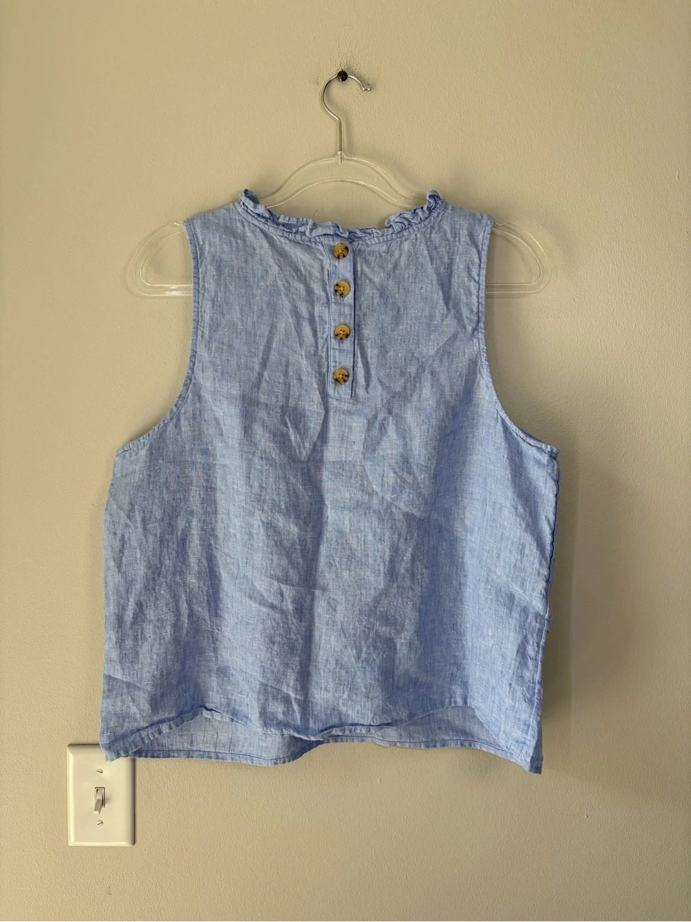 J. Crew Linen Chambray Blue Ruffle Neck Sleeveless Top - Picture 2 of 14